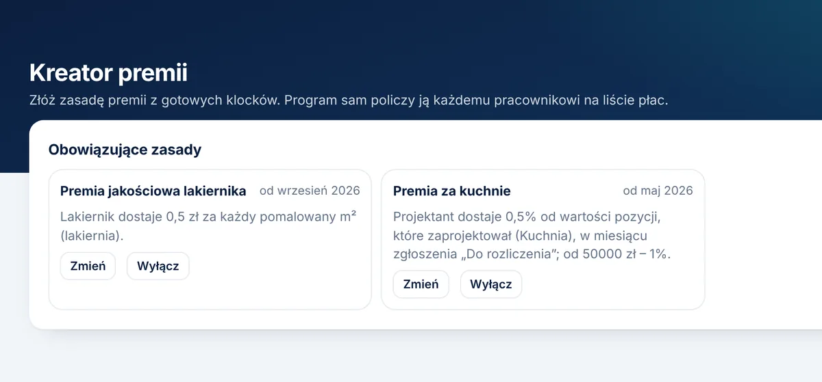 Kreator premii w WORKVEO: premia lakiernika za pomalowane metry i premia projektanta za kuchnie