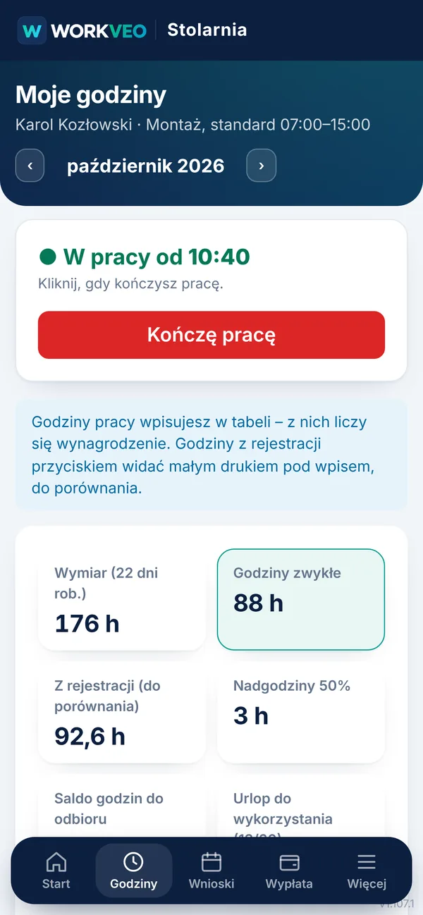Ekran Moje godziny w telefonie montażysty: w pracy od 10:40 i przycisk Kończę pracę