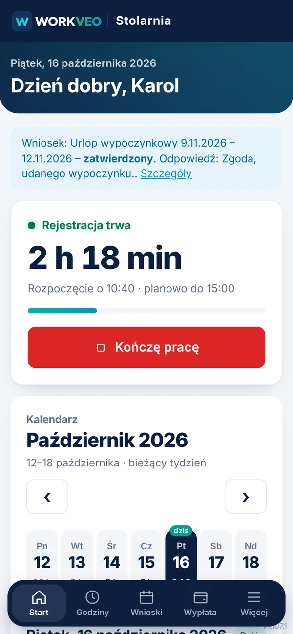 Telefon pracownika w WORKVEO: rejestracja czasu pracy trwa, przycisk Kończę pracę