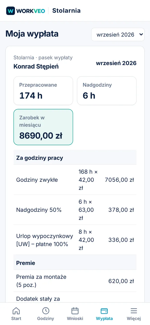 Ekran Moja wypłata w telefonie montażysty ze stolarni: godziny, nadgodziny, urlop i premia za montaże
