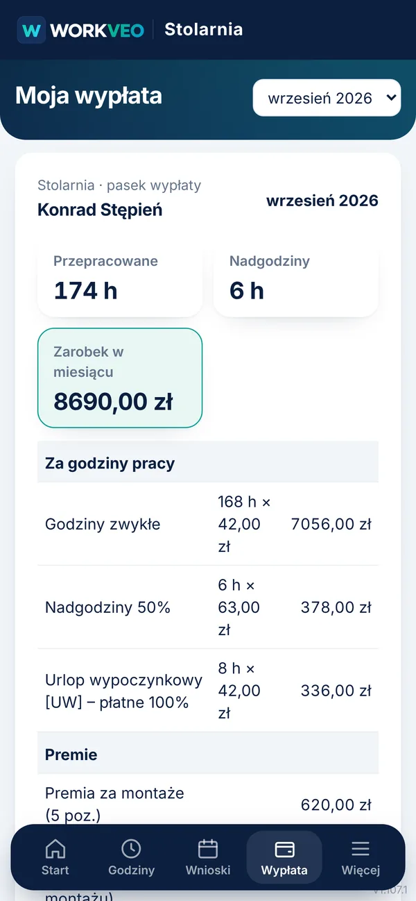 Ekran Moja wypłata w telefonie: 174 godziny, 6 godzin nadgodzin i zarobek 8690 zł z premią za montaże